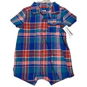 Old Navy NWT pink red blue plaid shorts romper baby boys 3-6m Easter